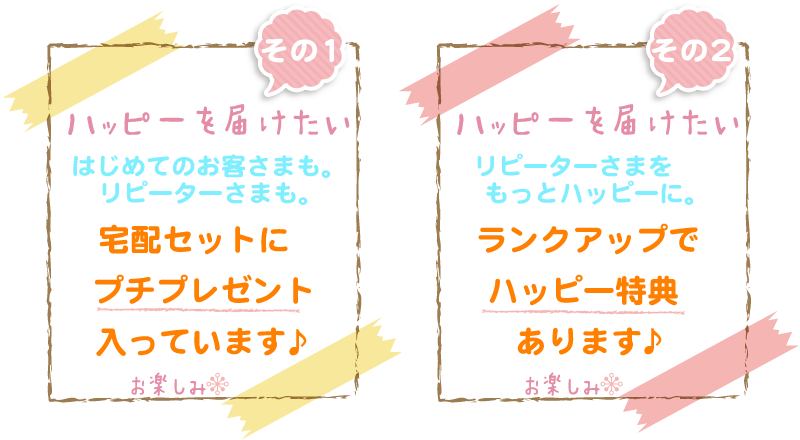 ハッピーをお届けします♪はじめてのお客さまも、リピーターさまも、宅配セットにプチプレゼント入っています♪リピーターさまにはランクアップでハッピー特典あります♪